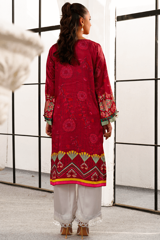 Pakistani Maroon Printed Shamoz Silk Salwar Kameez (2-Piece) - Image 1