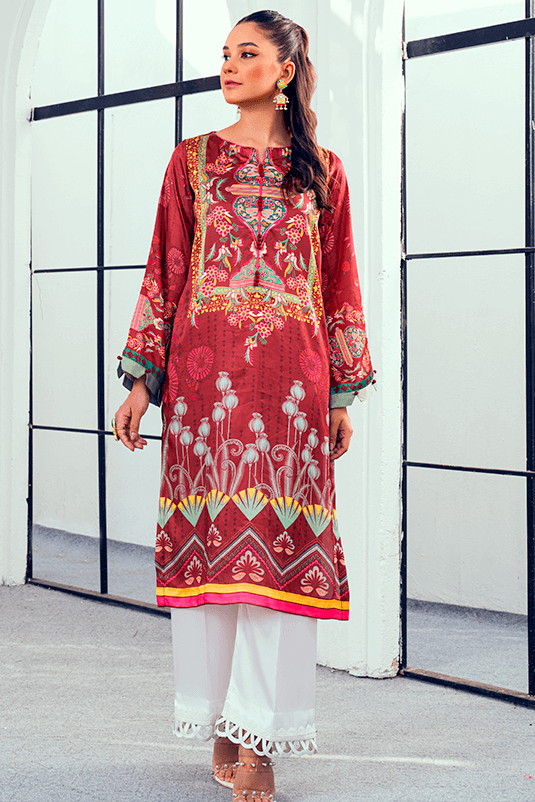 Pakistani Maroon Printed Shamoz Silk Salwar Kameez (2-Piece) - Image 2