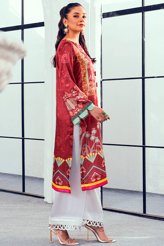 Pakistani Maroon Printed Shamoz Silk Salwar Kameez (2-Piece) - Image 4