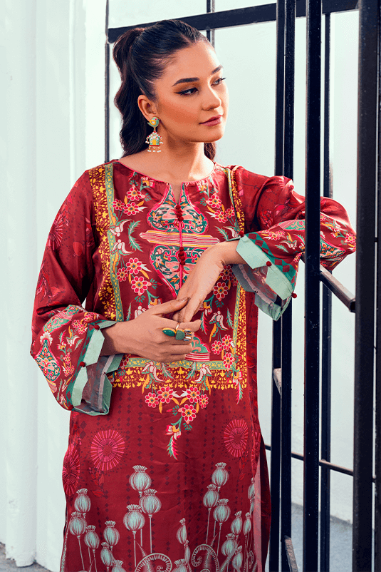 Pakistani Maroon Printed Shamoz Silk Salwar Kameez (2-Piece) - Image 5