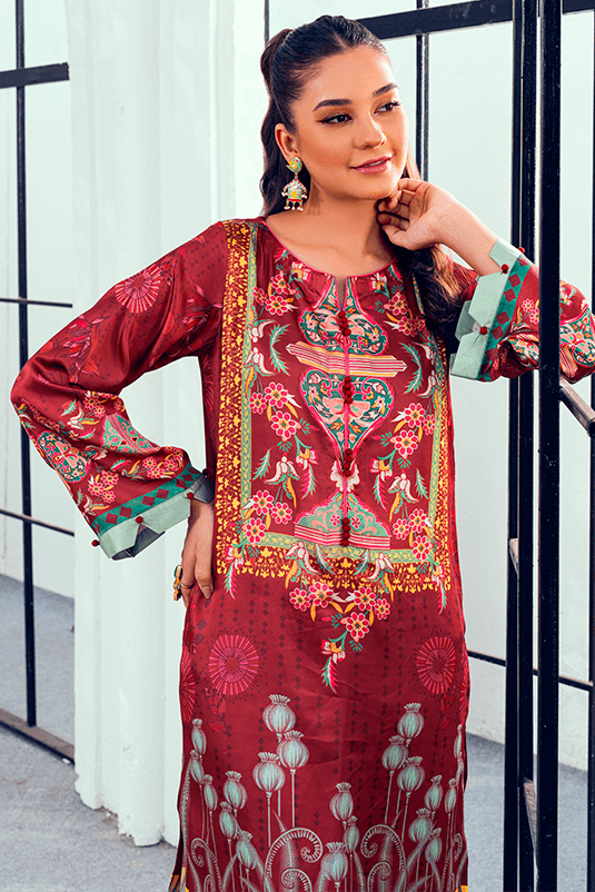 Pakistani Maroon Printed Shamoz Silk Salwar Kameez (2-Piece) - Image 6