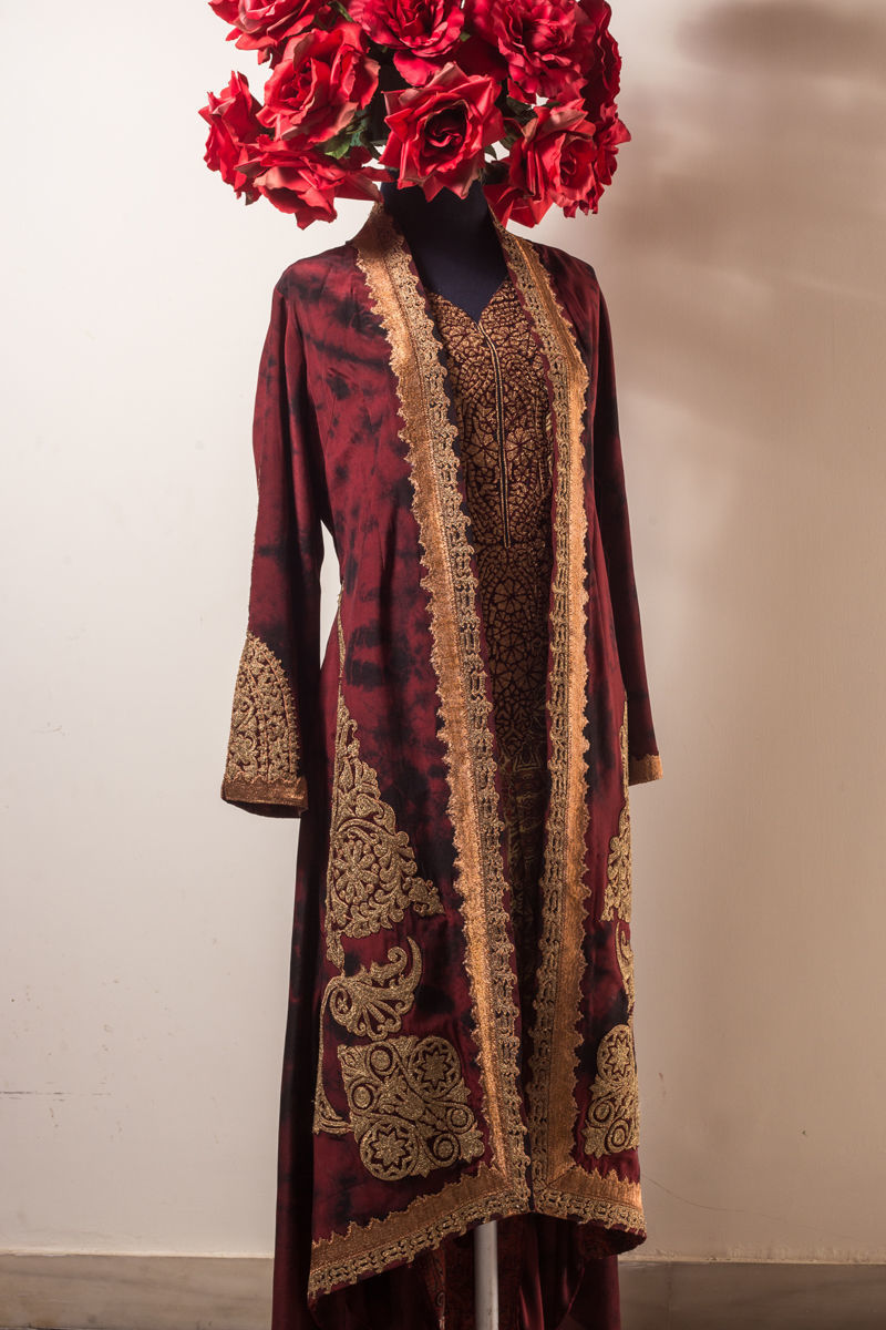 Maroon Embroidered Sheesha Silk Jacket Set (3-Piece) - Image 1