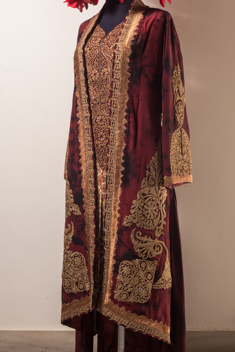 Maroon Embroidered Sheesha Silk Jacket Set (3-Piece) - Image 2