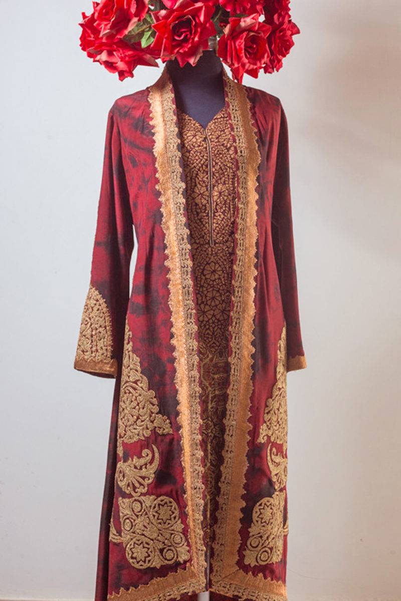 Maroon Embroidered Sheesha Silk Jacket Set (3-Piece) - Image 3