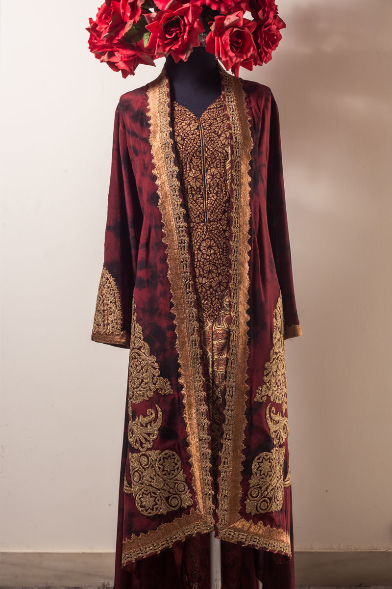 Maroon Embroidered Sheesha Silk Jacket Set (3-Piece) - Image 4