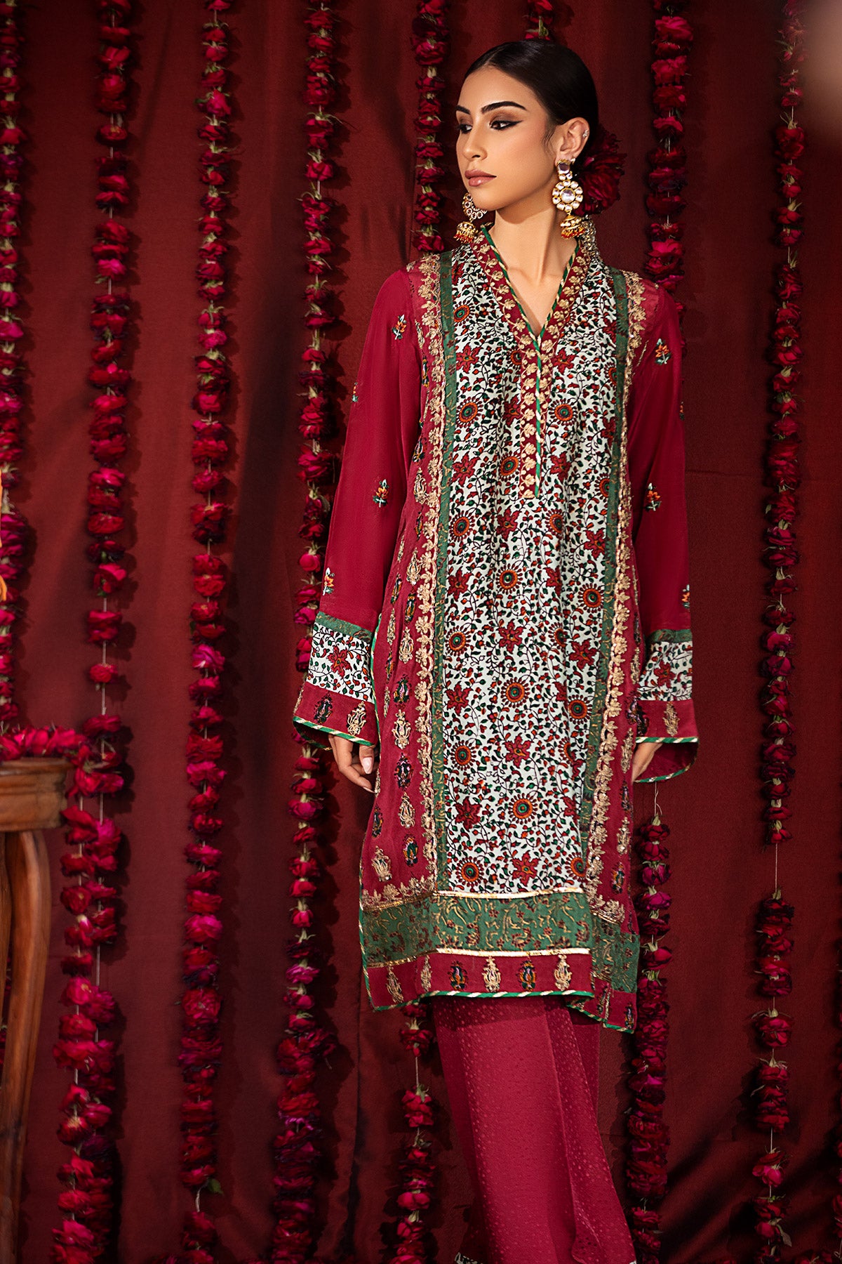 Maroon Block Printed Silk Salwar Kameez (2-Piece) - Image 2