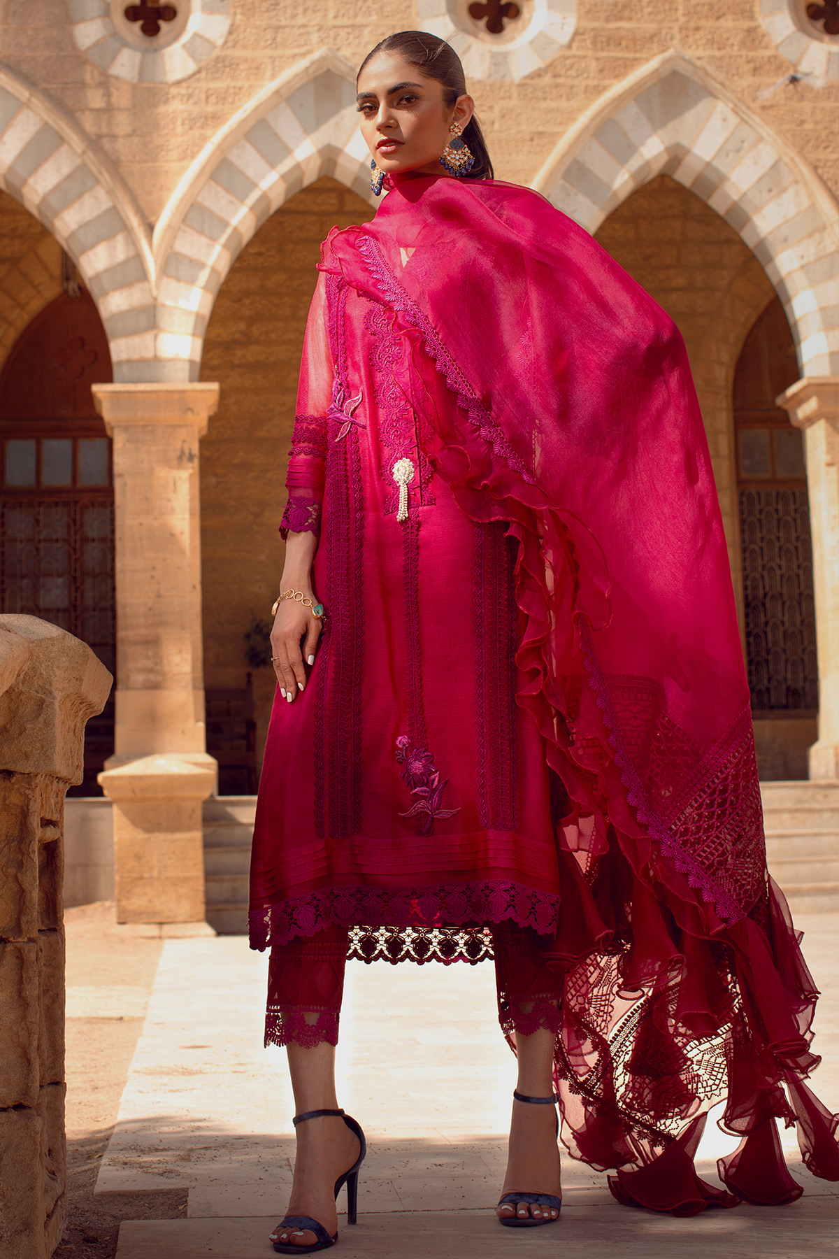 Pakistani Cranberry Embroidered Silk Net Salwar Kameez (3-Piece) - Image 1