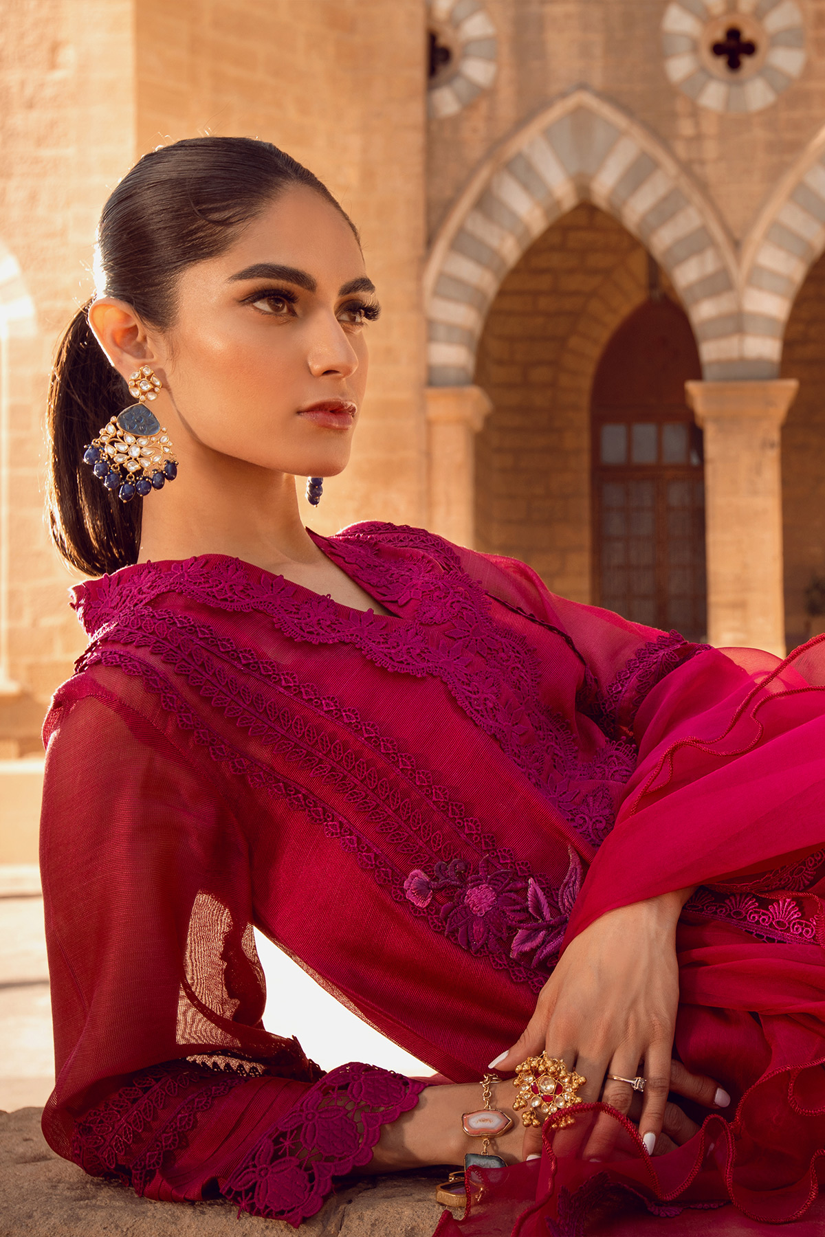 Pakistani Cranberry Embroidered Silk Net Salwar Kameez (3-Piece) - Image 2