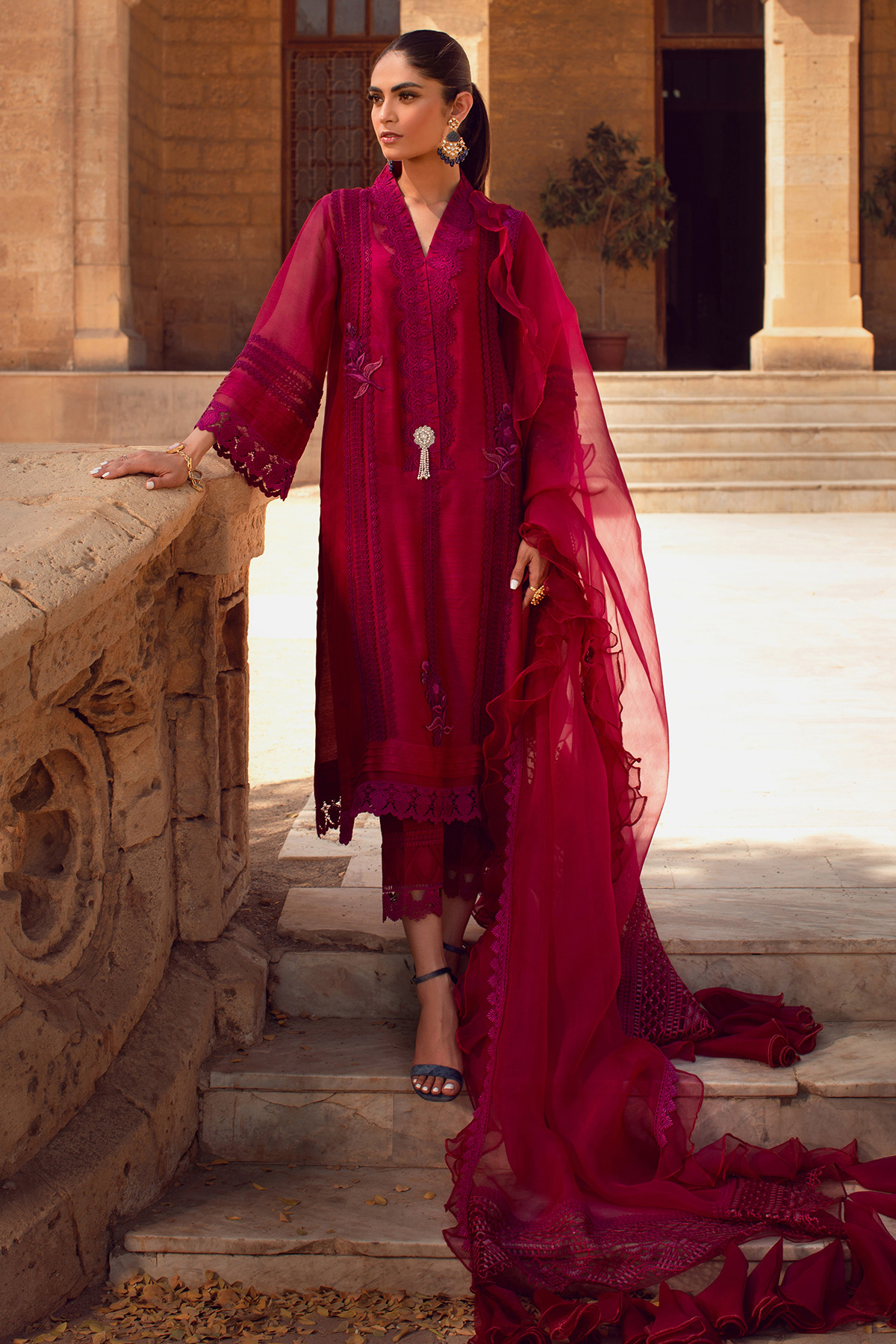 Pakistani Cranberry Embroidered Silk Net Salwar Kameez (3-Piece) - Image 3