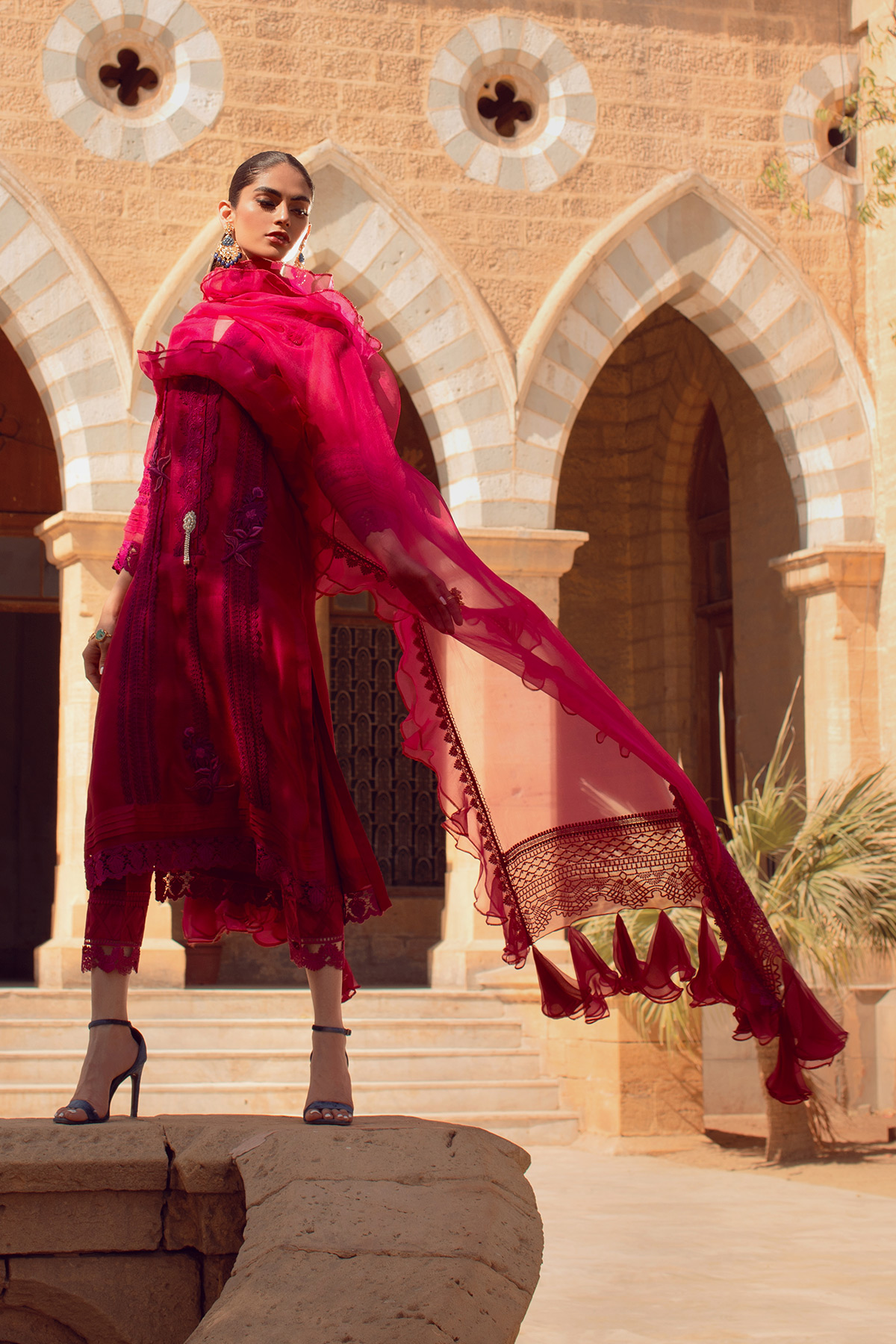 Pakistani Cranberry Embroidered Silk Net Salwar Kameez (3-Piece) - Image 4