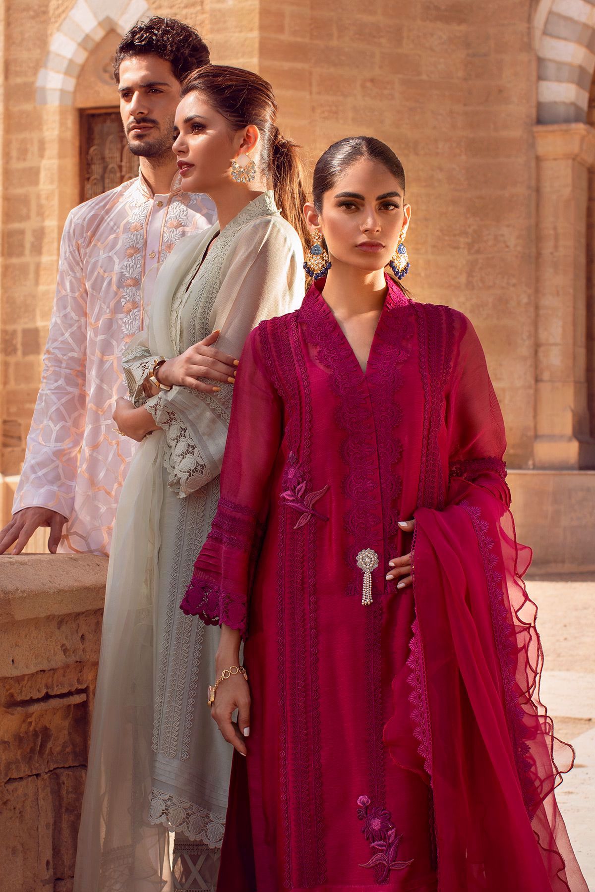 Pakistani Cranberry Embroidered Silk Net Salwar Kameez (3-Piece) - Image 7