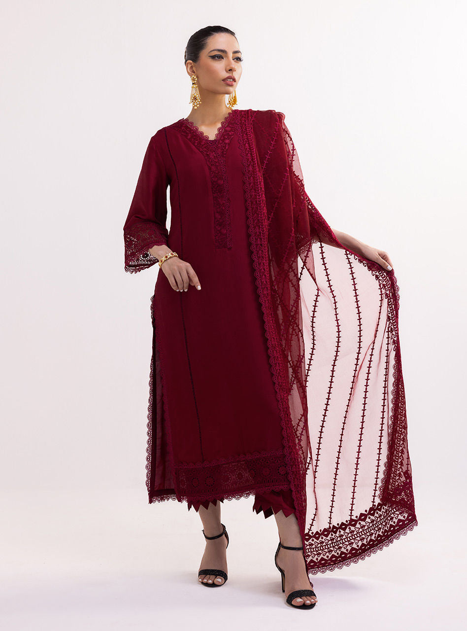 Pakistani Deep Maroon Embroidered Silk & Organza Salwar Kameez (3-Piece) - Image 1