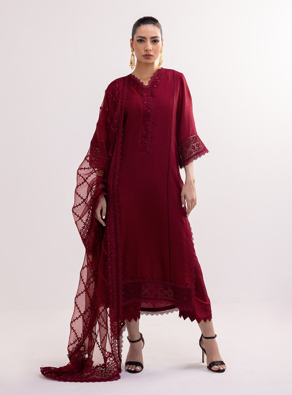Pakistani Deep Maroon Embroidered Silk & Organza Salwar Kameez (3-Piece) - Image 2