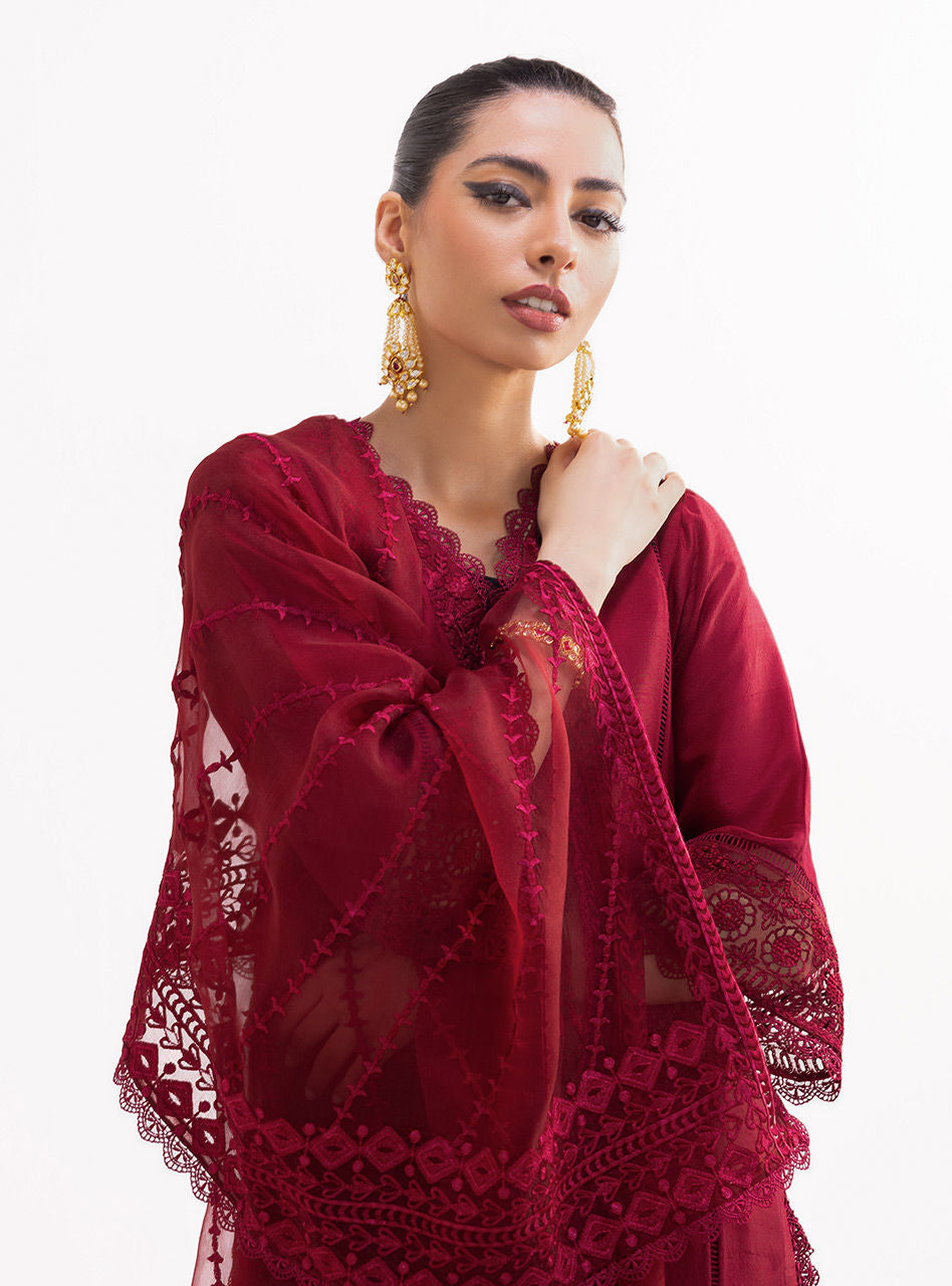 Pakistani Deep Maroon Embroidered Silk & Organza Salwar Kameez (3-Piece) - Image 3