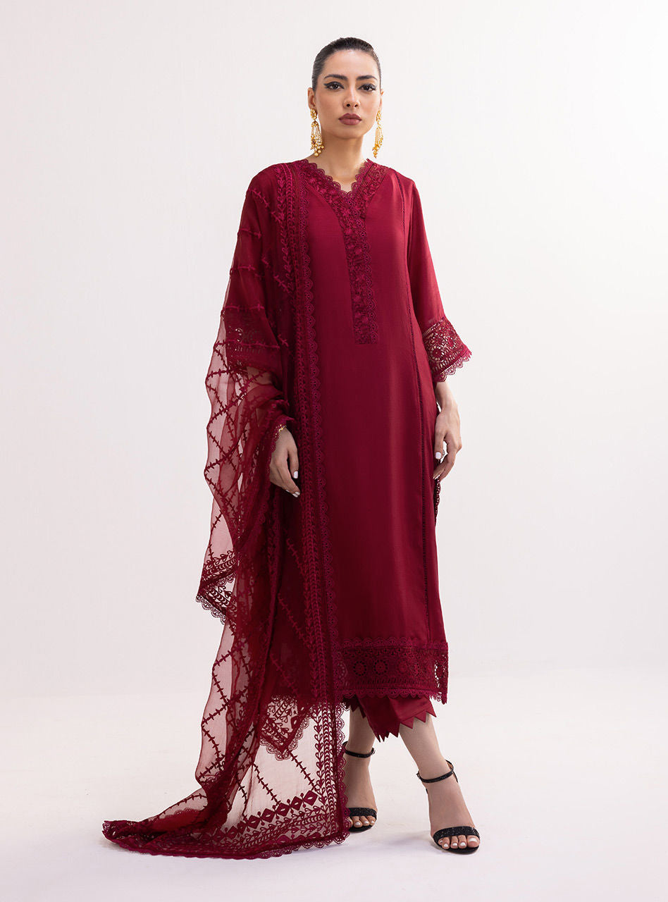 Pakistani Deep Maroon Embroidered Silk & Organza Salwar Kameez (3-Piece) - Image 4