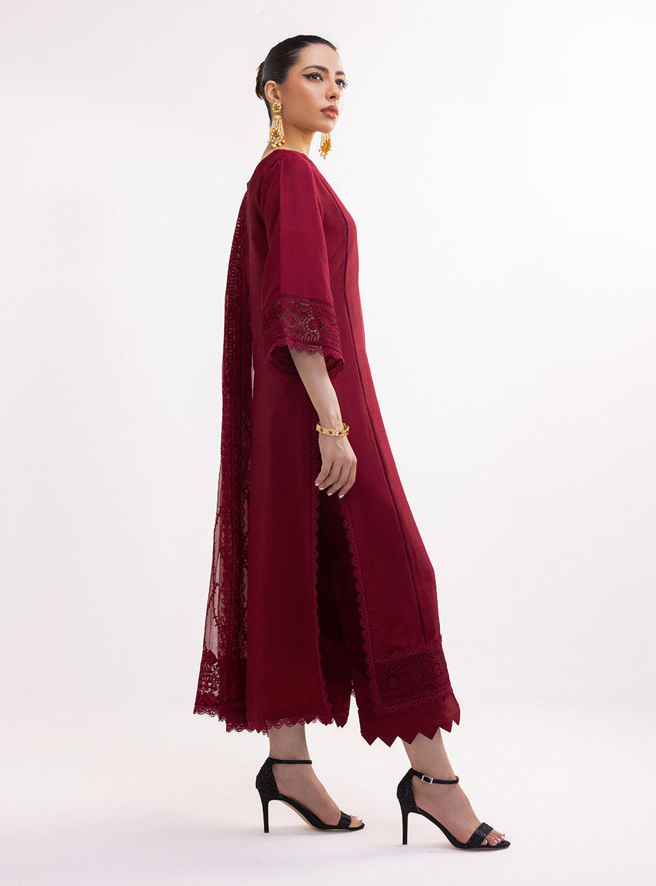Pakistani Deep Maroon Embroidered Silk & Organza Salwar Kameez (3-Piece) - Image 5