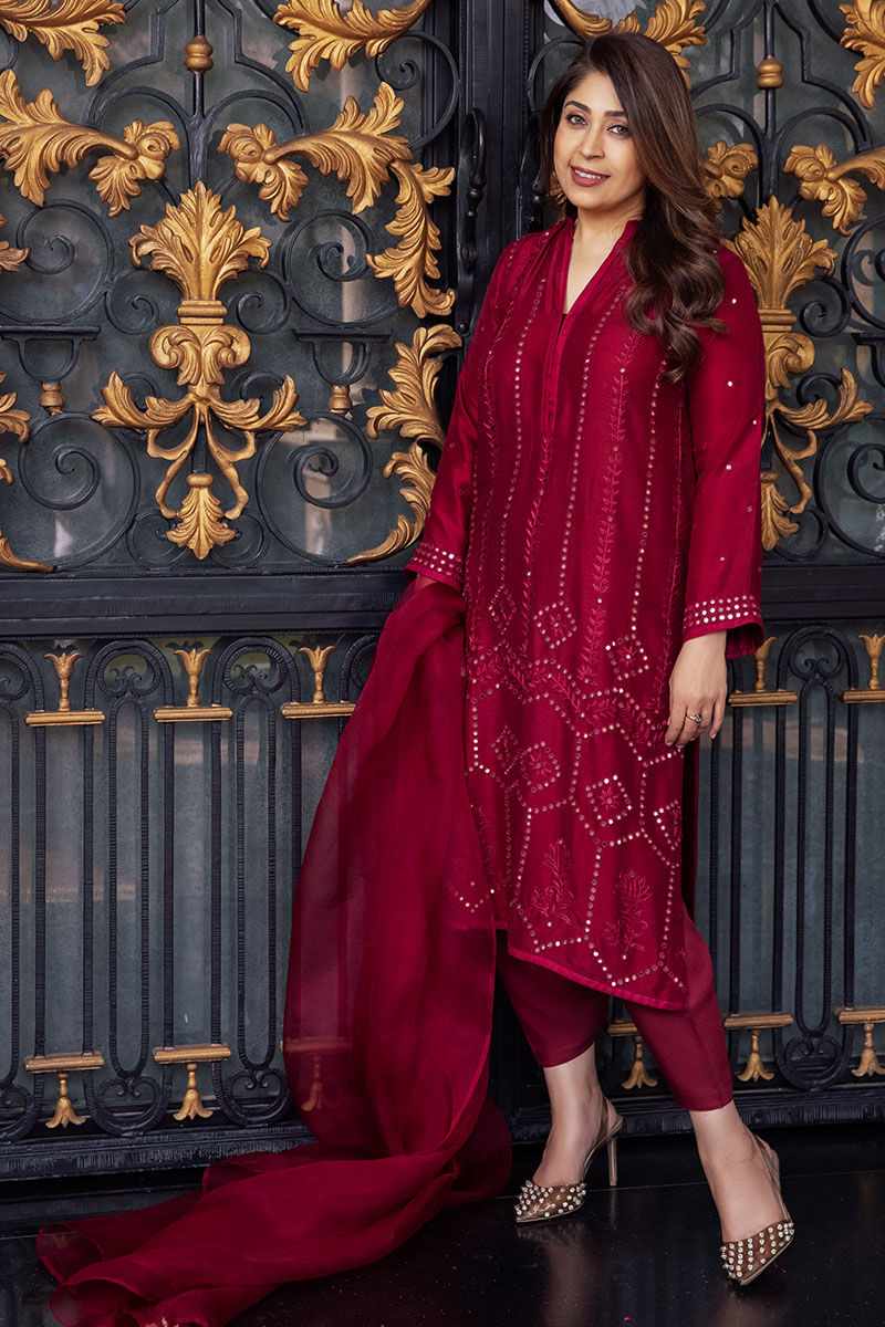 Pakistani Reddish Maroon Sheeshawork Silk Salwar Kameez (3-Piece) - Image 1