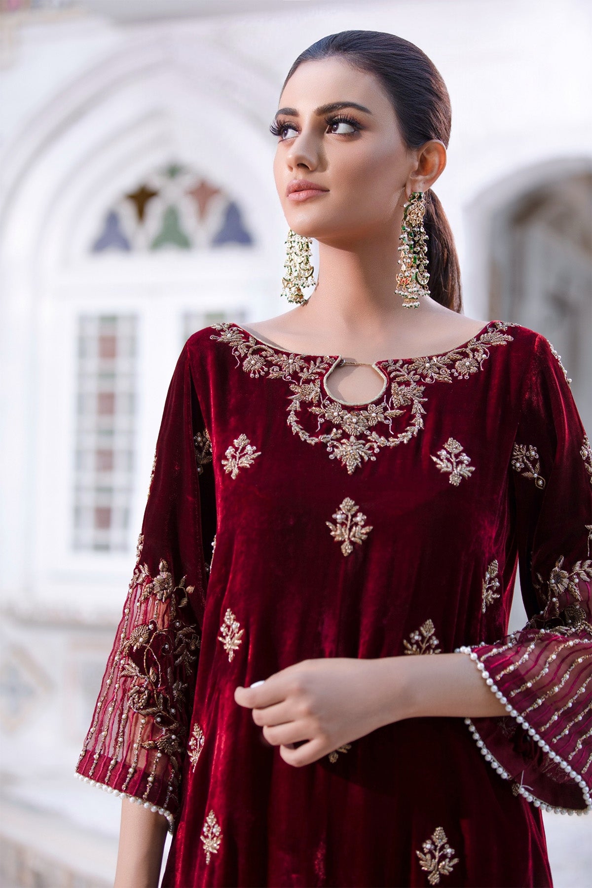 Maroon Hand Embellished Silk Velvet Salwar Kameez (2-Piece) - Image 2