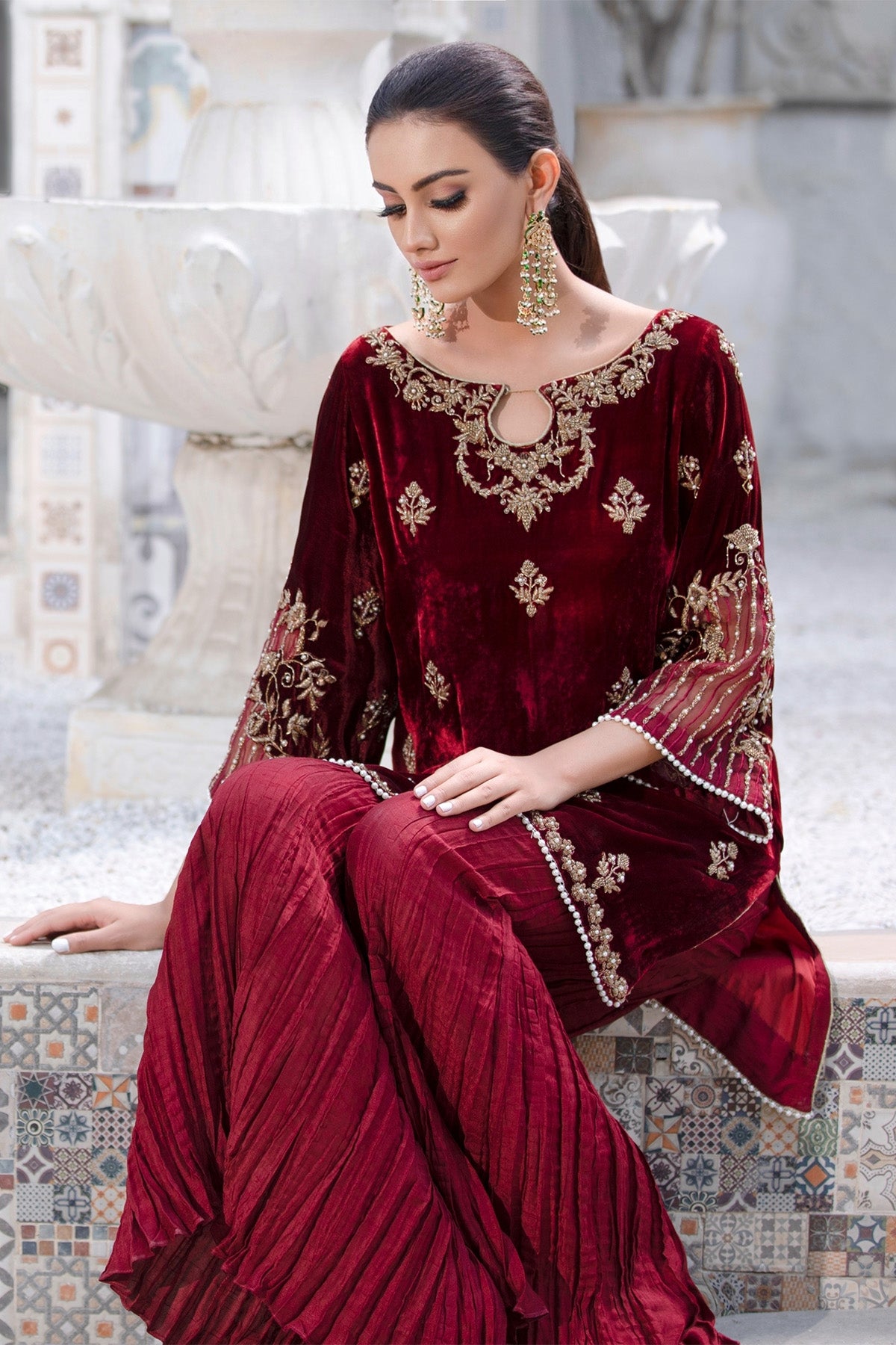 Maroon Hand Embellished Silk Velvet Salwar Kameez (2-Piece) - Image 3