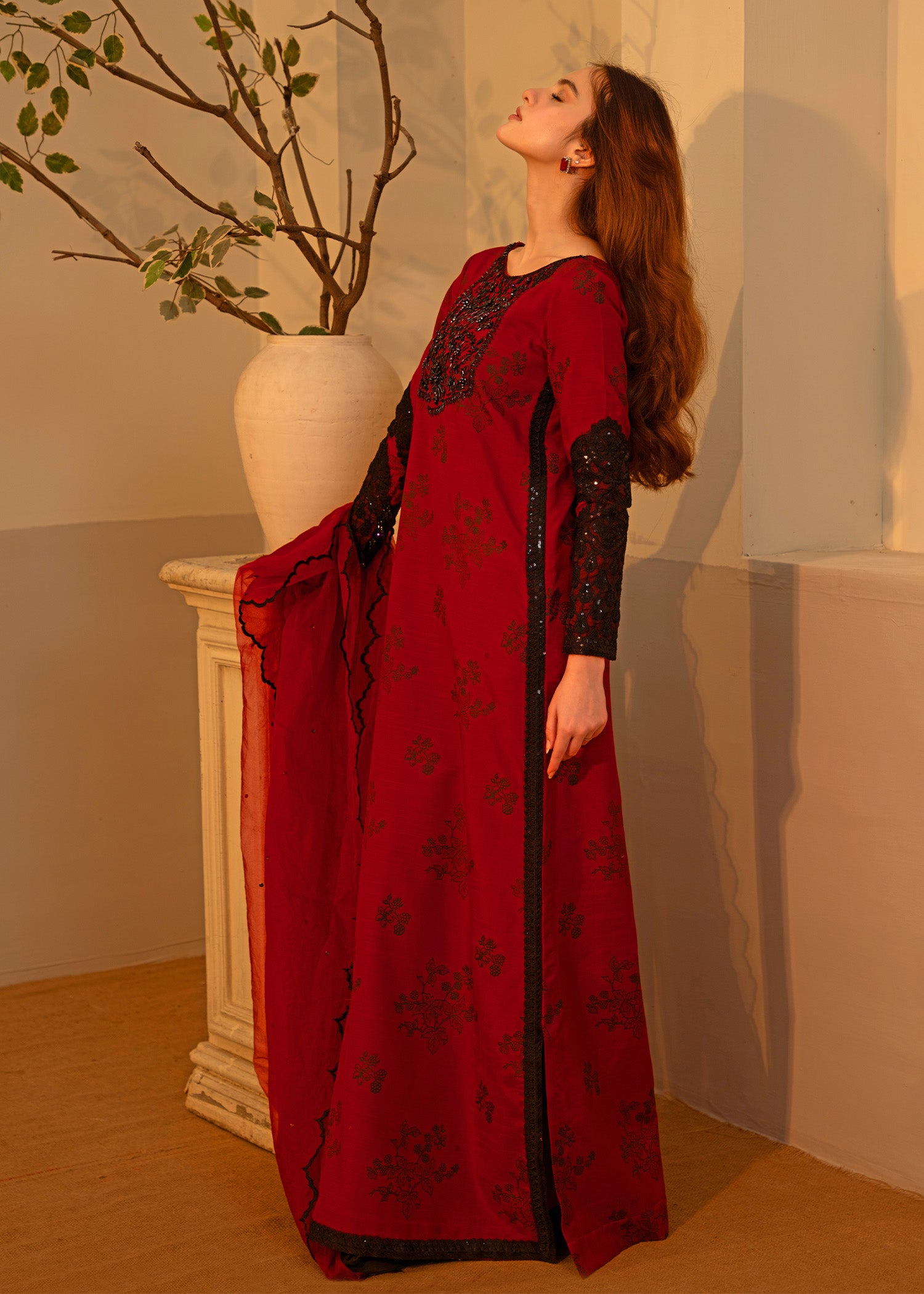 Pakistani Beetroot Embroidered Thai Silk Salwar Kameez (3-Piece) - Image 10