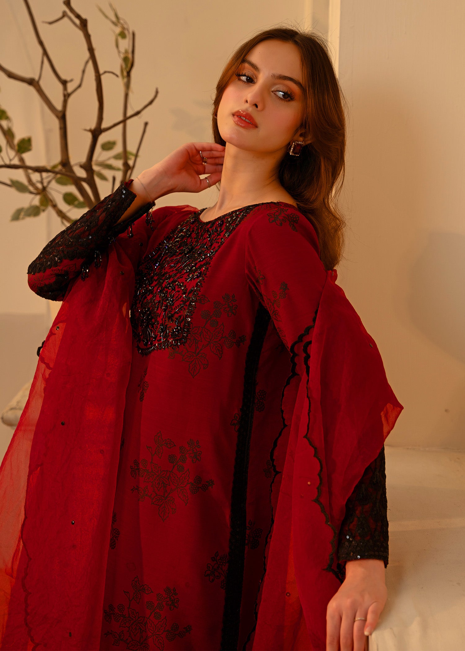 Pakistani Beetroot Embroidered Thai Silk Salwar Kameez (3-Piece) - Image 2