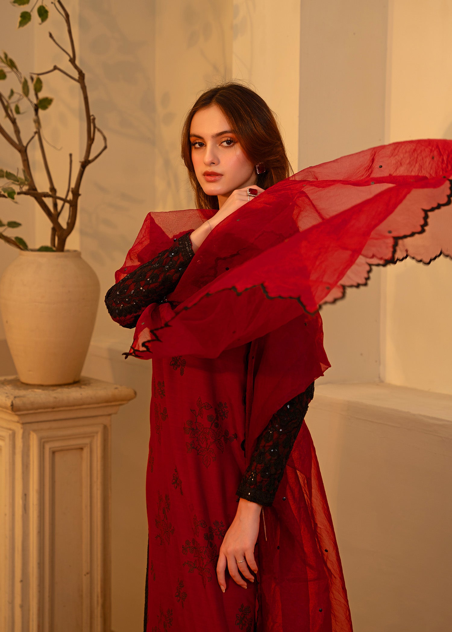 Pakistani Beetroot Embroidered Thai Silk Salwar Kameez (3-Piece) - Image 3