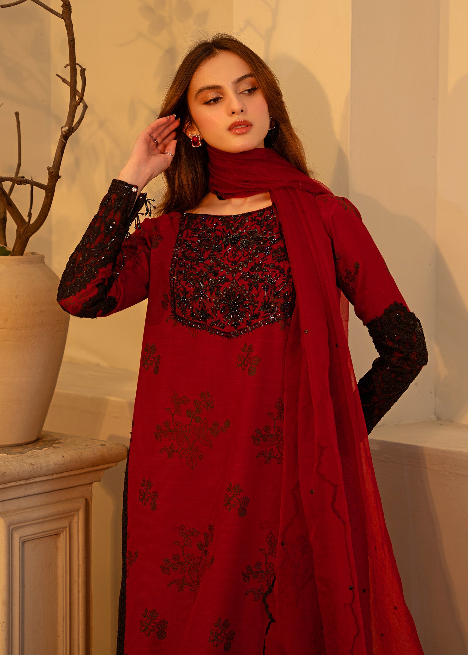 Pakistani Beetroot Embroidered Thai Silk Salwar Kameez (3-Piece) - Image 4