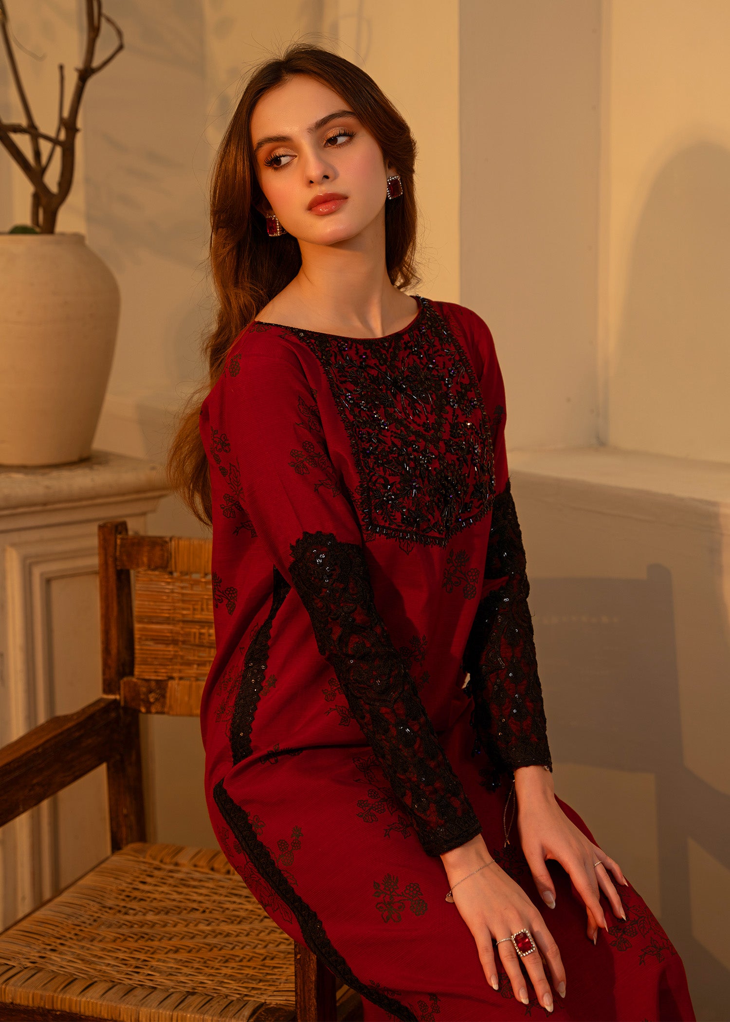 Pakistani Beetroot Embroidered Thai Silk Salwar Kameez (3-Piece) - Image 5