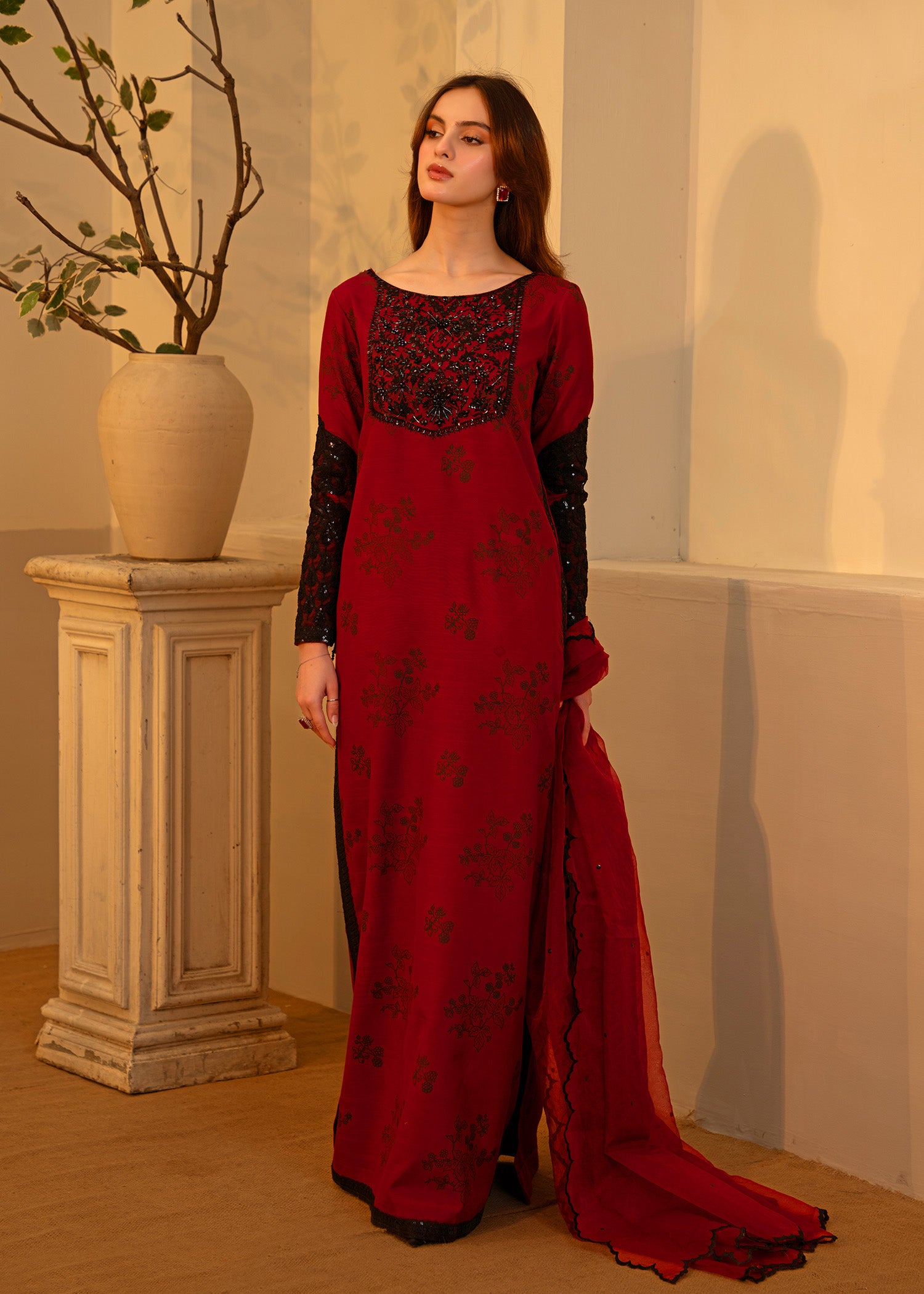 Pakistani Beetroot Embroidered Thai Silk Salwar Kameez (3-Piece) - Image 6
