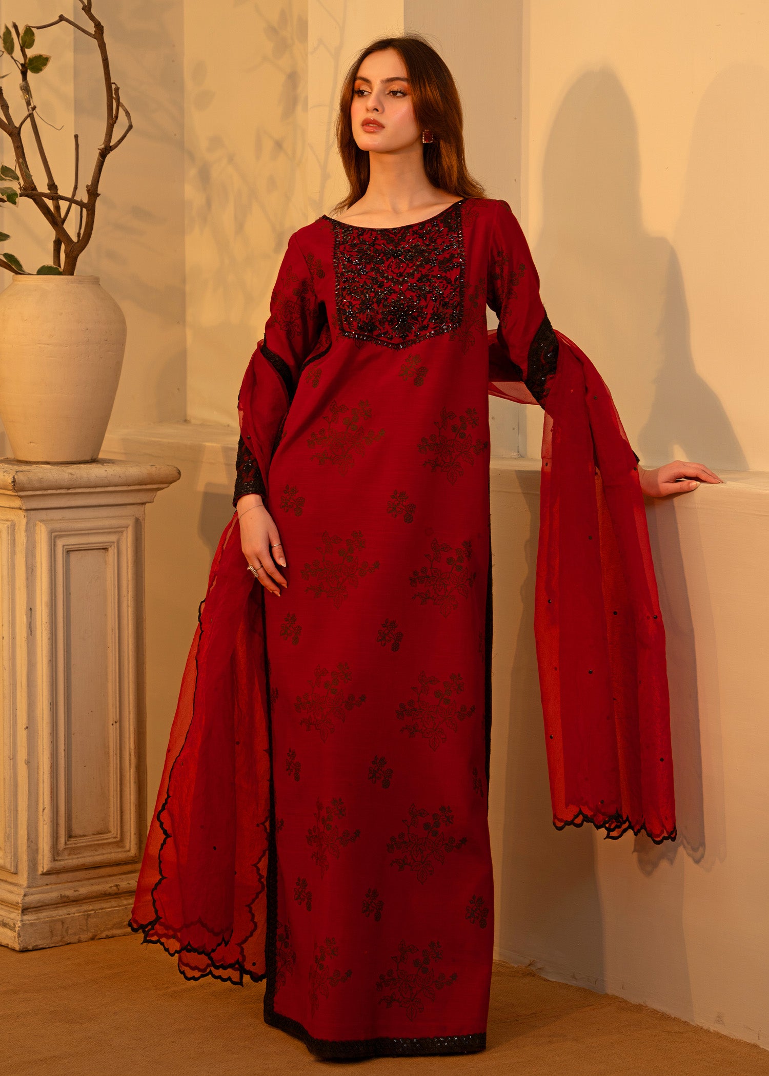 Pakistani Beetroot Embroidered Thai Silk Salwar Kameez (3-Piece) - Image 7