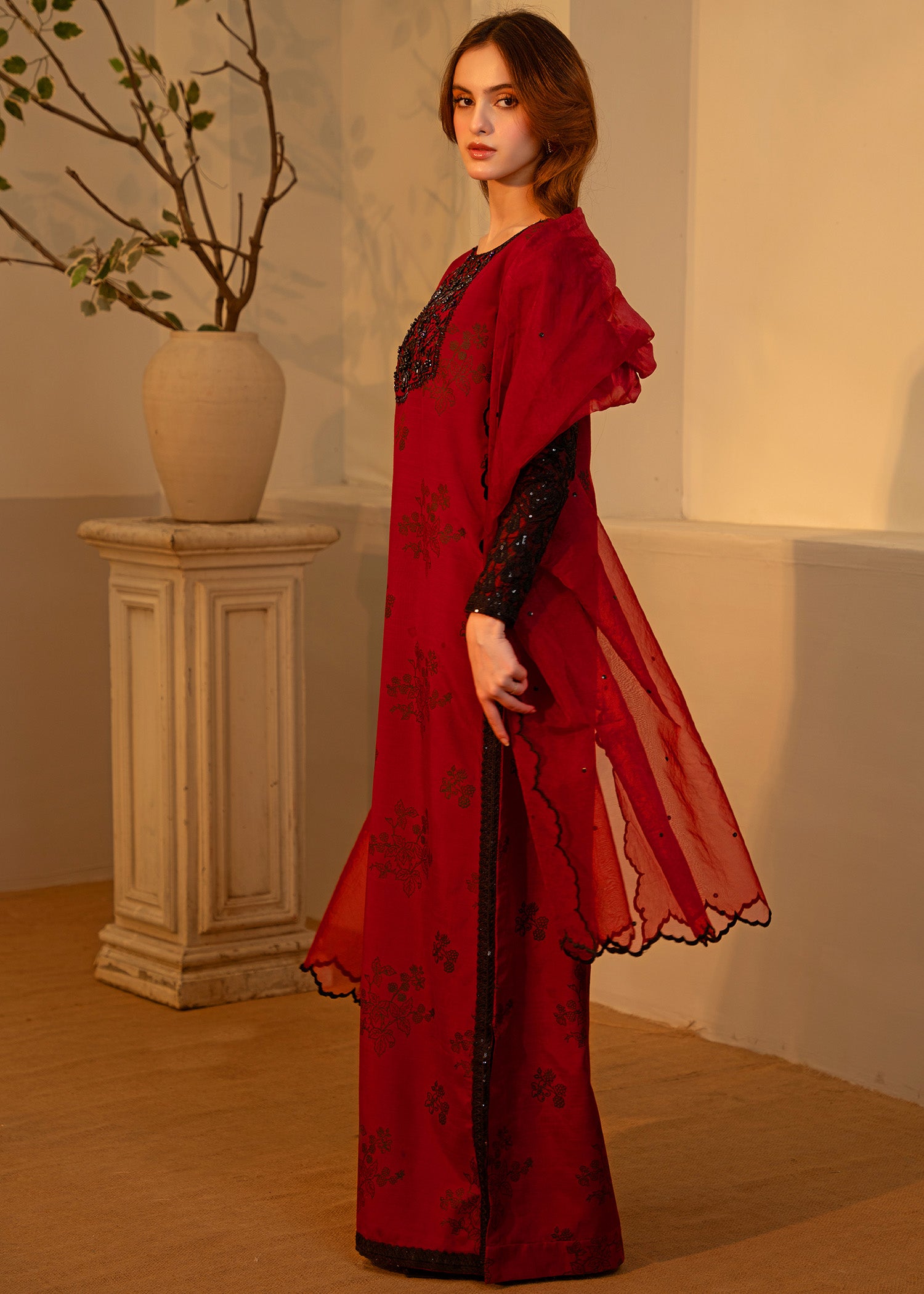 Pakistani Beetroot Embroidered Thai Silk Salwar Kameez (3-Piece) - Image 8