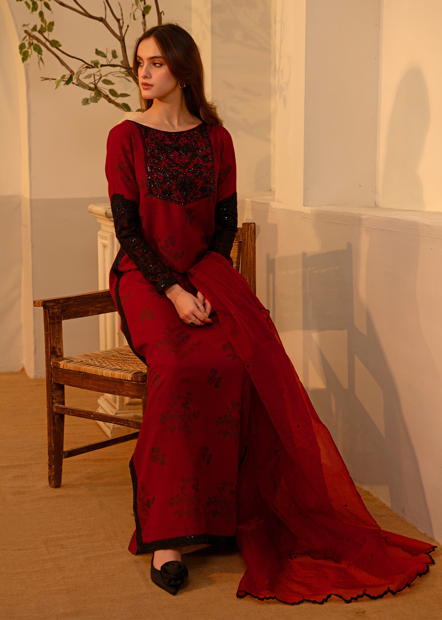 Pakistani Beetroot Embroidered Thai Silk Salwar Kameez (3-Piece) - Image 9