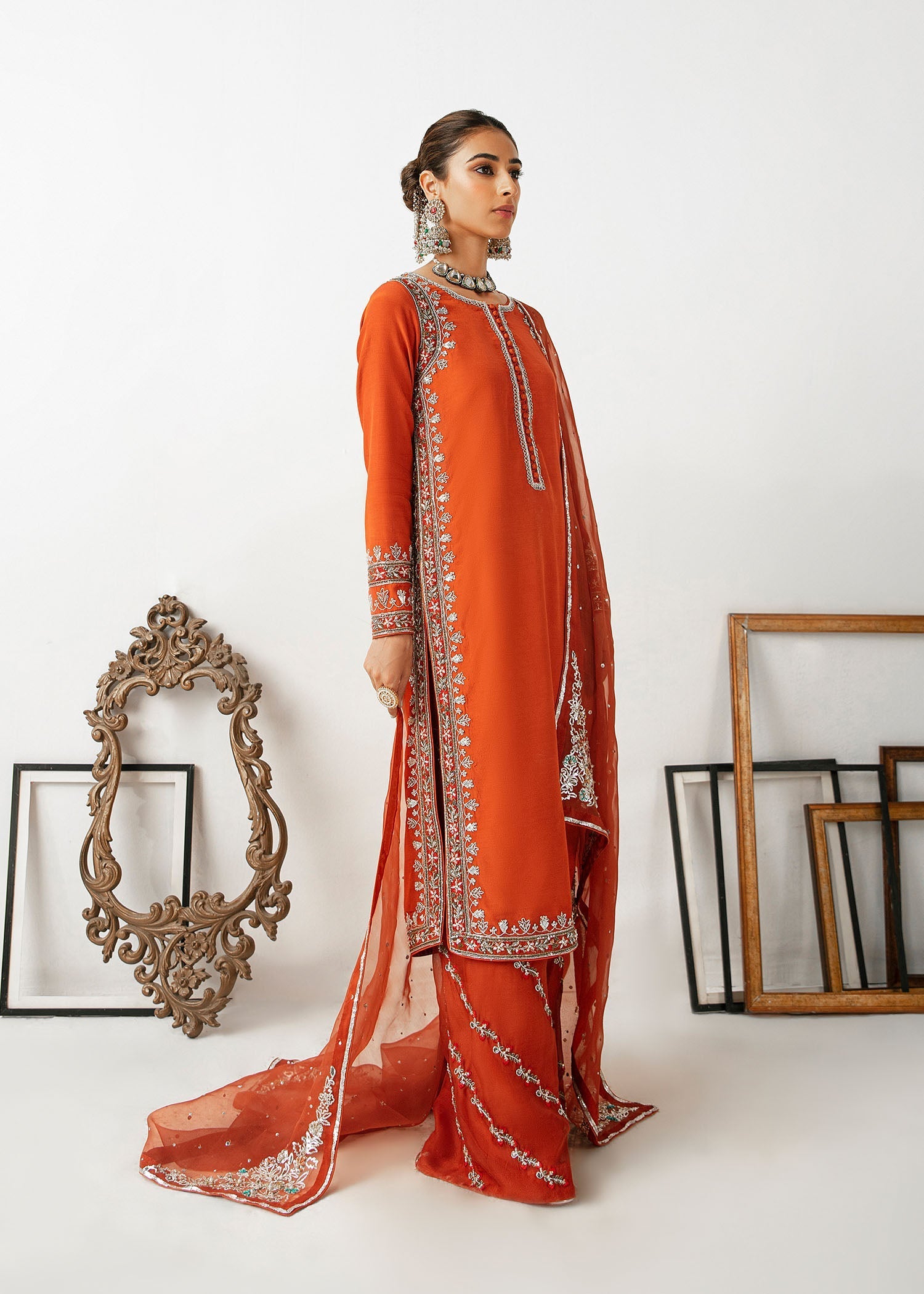 Rust Embroidered Thai Silk Kurta Set (3-Piece) - Image 2