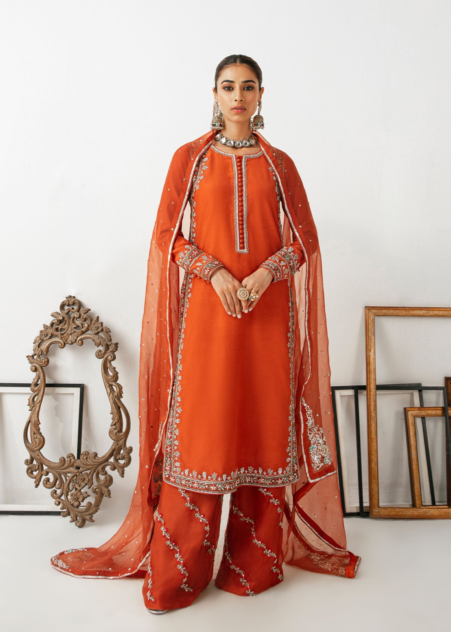 Rust Embroidered Thai Silk Kurta Set (3-Piece) - Image 3