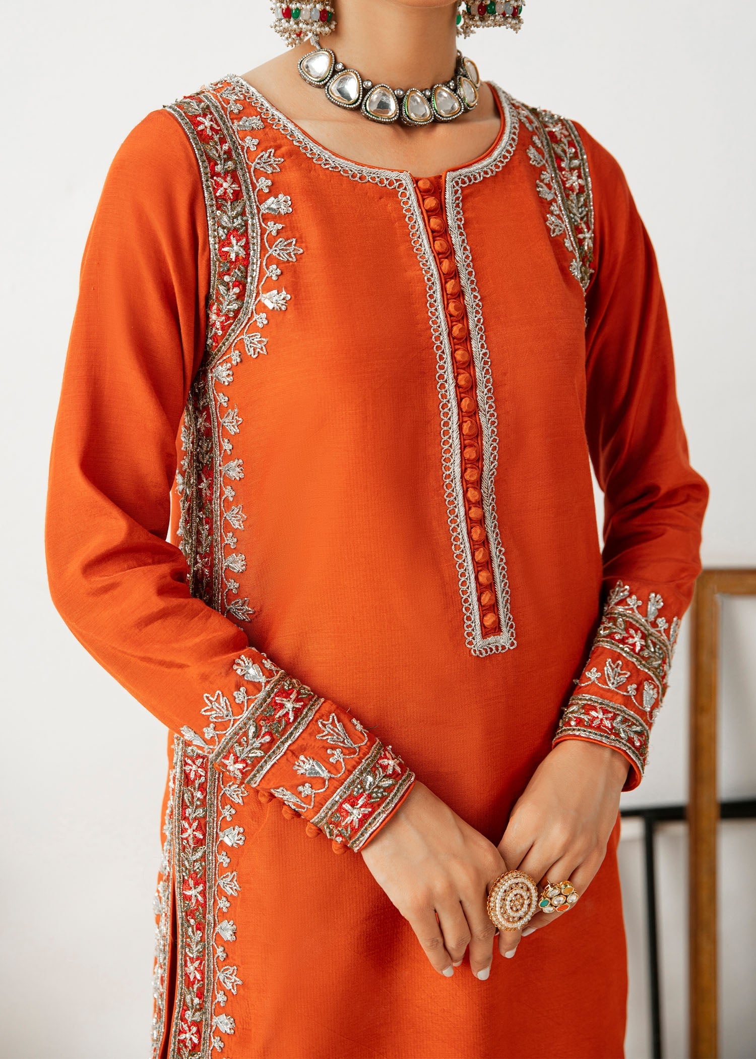 Rust Embroidered Thai Silk Kurta Set (3-Piece) - Image 6