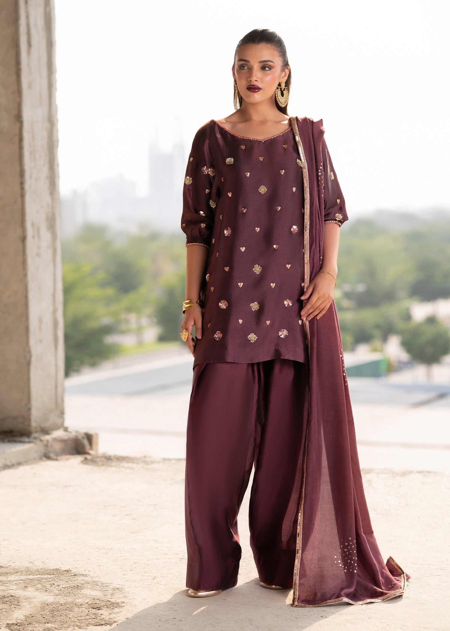 Burgundy Mirror & Threadwork Tissue Silk Kurta Set (3-Piece) - Image 1