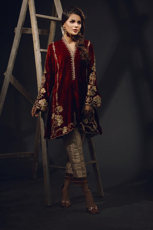 Maroon Embroidered Velour Salwar Kameez (2-Piece) - Image 1
