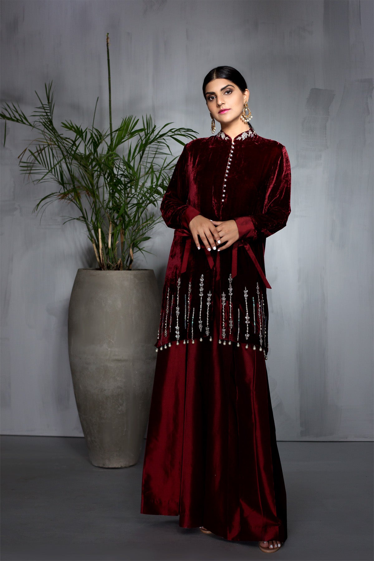 Pakistani Maroon Beaded Velvet Shirt with Tafetta Pants (2-Piece) - Image 1