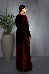 Pakistani Maroon Beaded Velvet Shirt with Tafetta Pants (2-Piece) - Image 3
