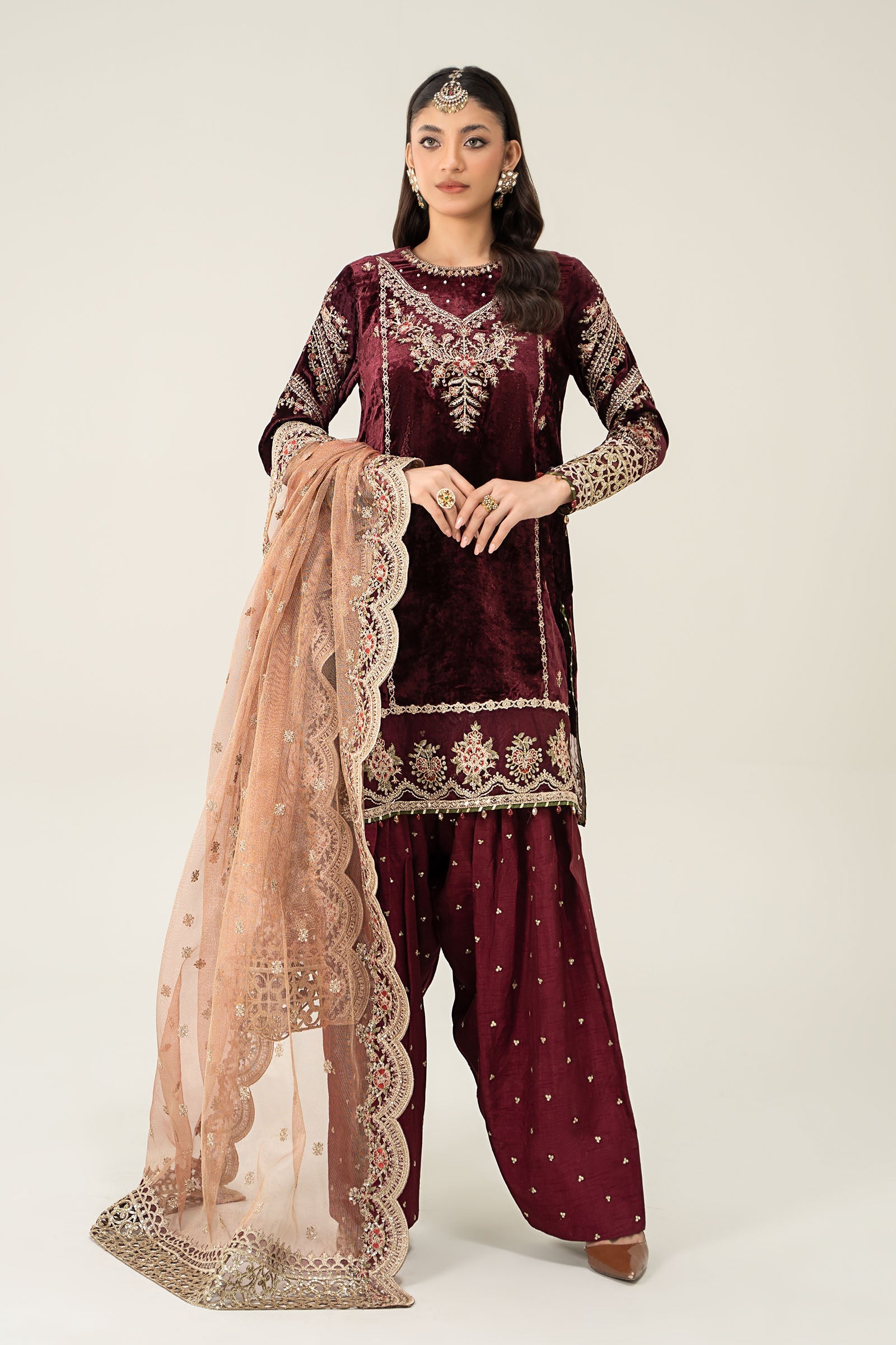 Pakistani Maroon Embroidered Velvet Salwar Kameez (3-Piece) - Image 1