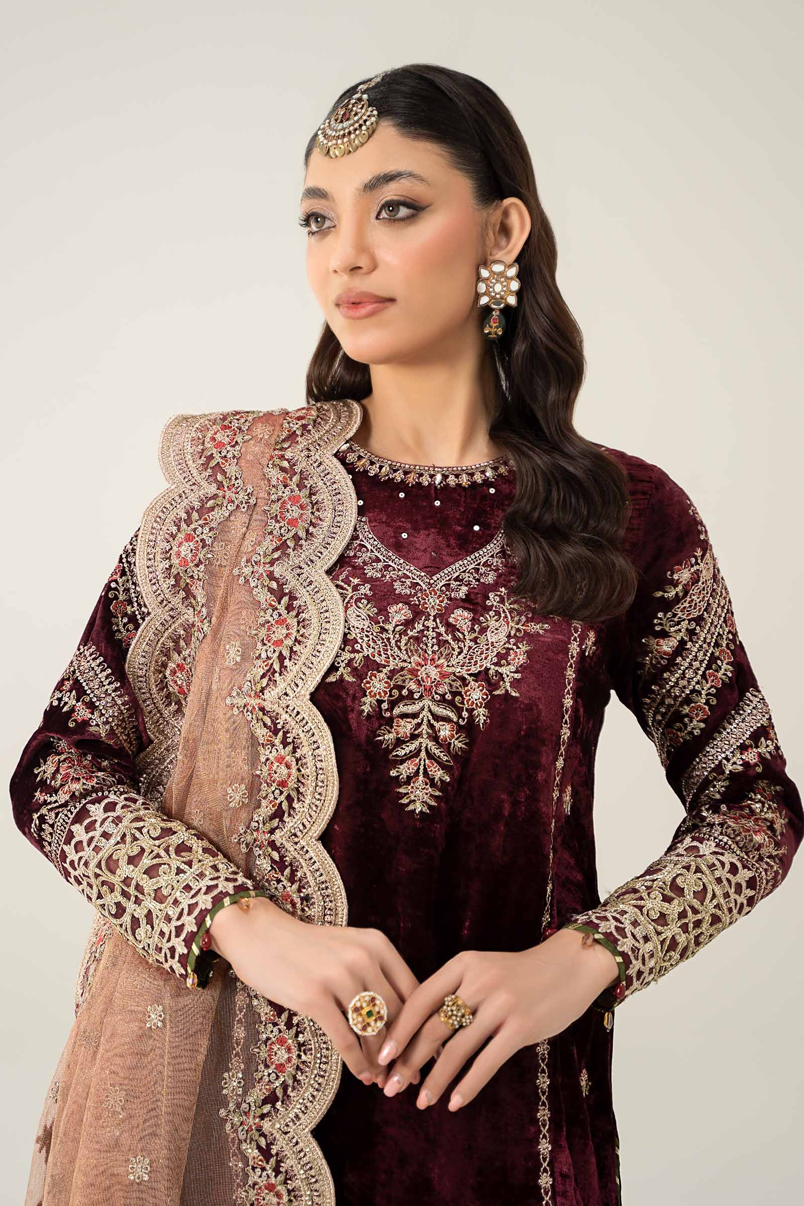 Pakistani Maroon Embroidered Velvet Salwar Kameez (3-Piece) - Image 2