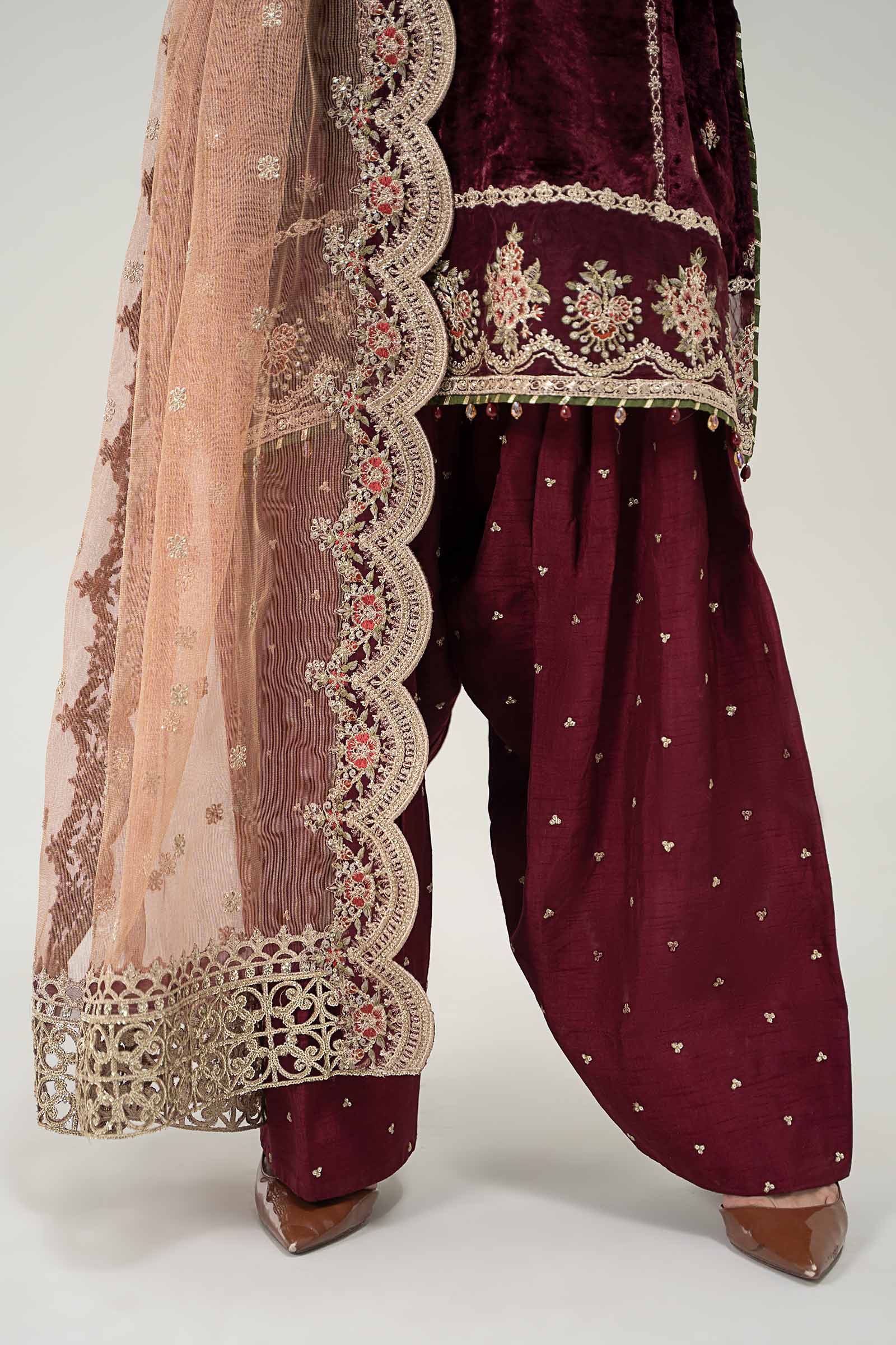 Pakistani Maroon Embroidered Velvet Salwar Kameez (3-Piece) - Image 3