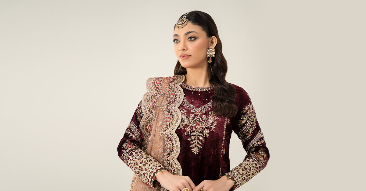 Pakistani Maroon Embroidered Velvet Salwar Kameez (3-Piece) - Image 4