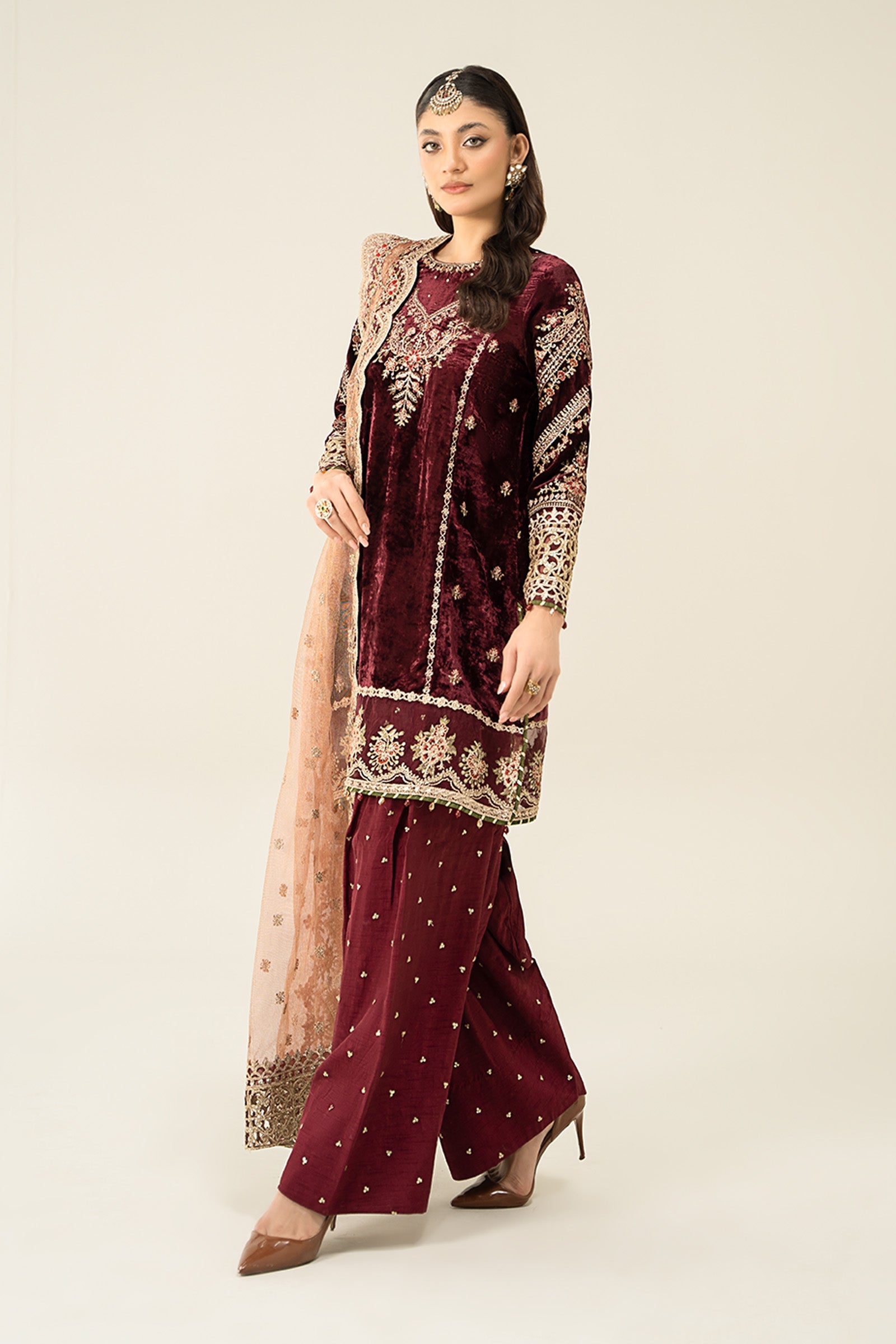 Pakistani Maroon Embroidered Velvet Salwar Kameez (3-Piece) - Image 5