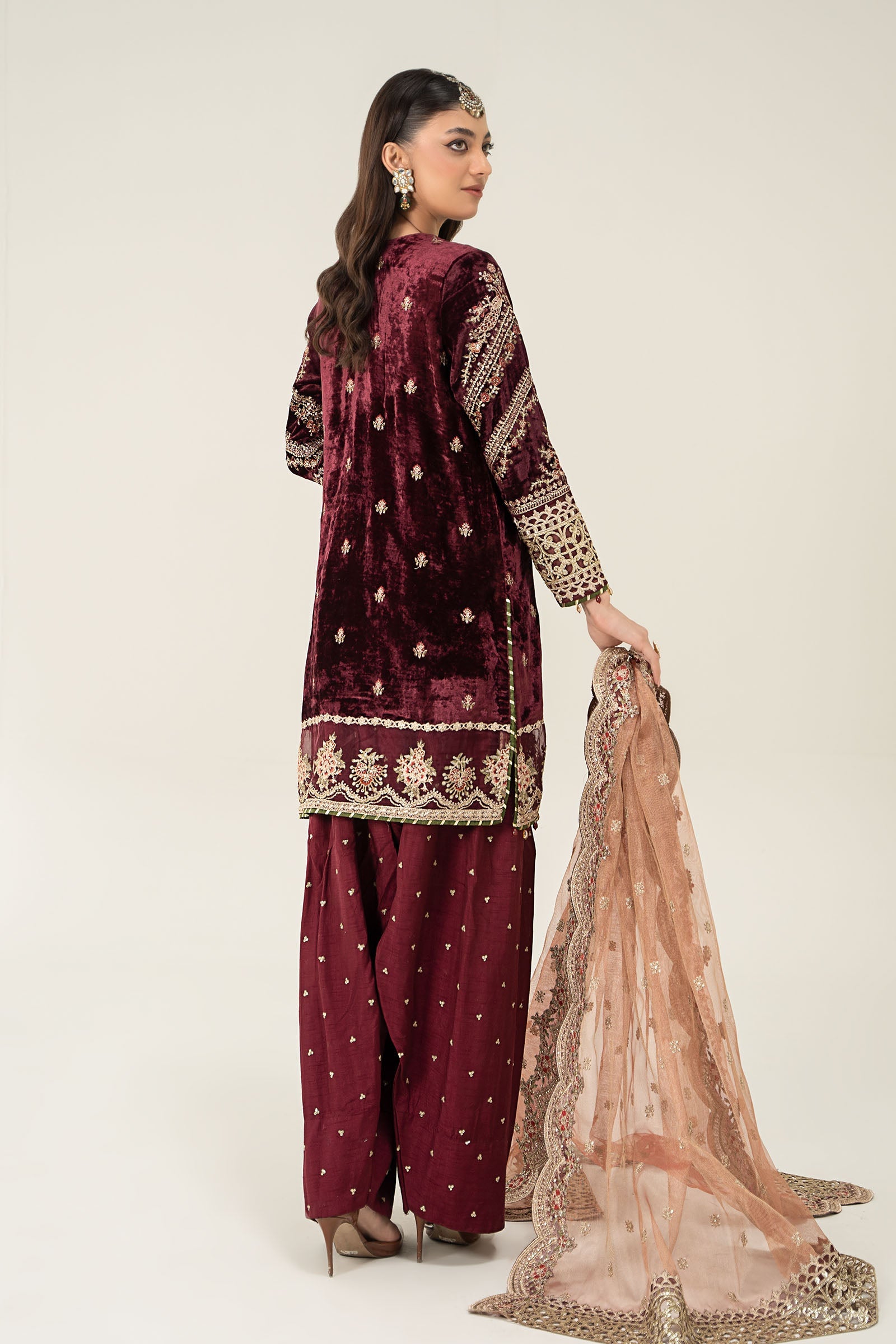 Pakistani Maroon Embroidered Velvet Salwar Kameez (3-Piece) - Image 6