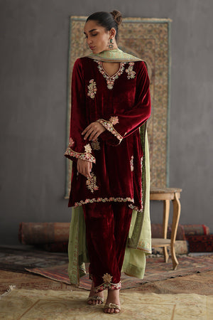 Pakistani Maroon Embroidered Pure Velvet Salwar Kameez (3-Piece) - Image 2