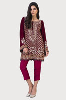 Pakistani Maroon Embroidered Velvet Salwar Kameez (3-Piece) - Image 2