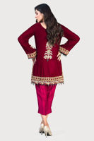 Pakistani Maroon Embroidered Velvet Salwar Kameez (3-Piece) - Image 3