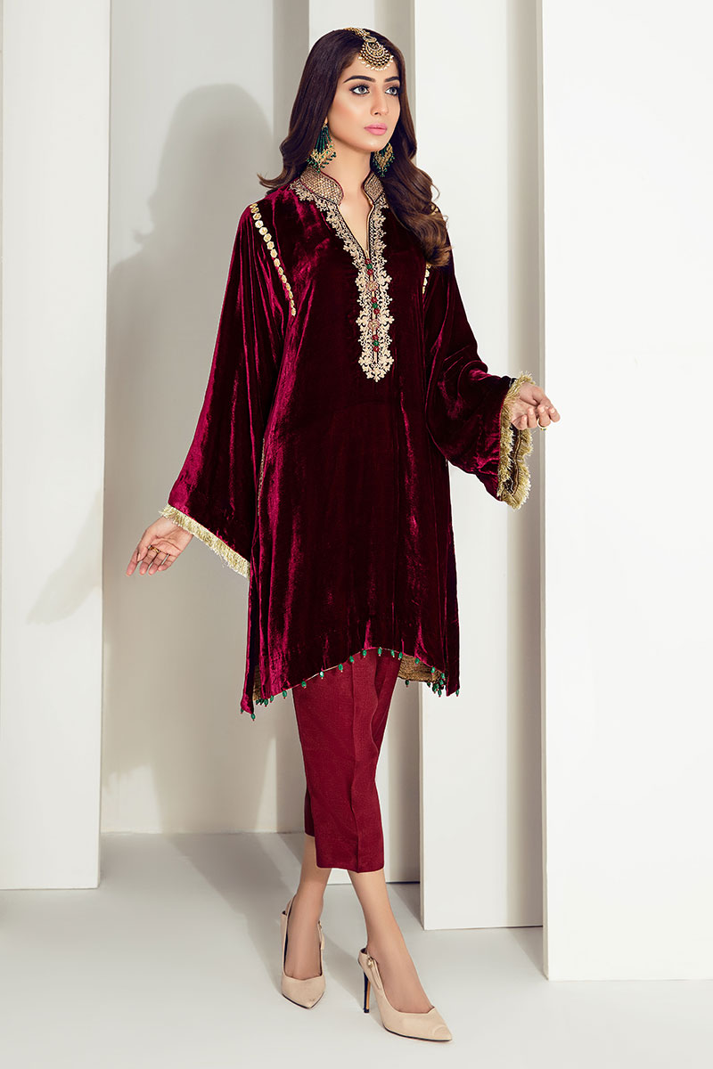 Maroon Embroidered Velvet Salwar Kameez (3-Piece) - Image 1
