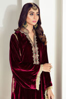 Maroon Embroidered Velvet Salwar Kameez (3-Piece) - Image 3